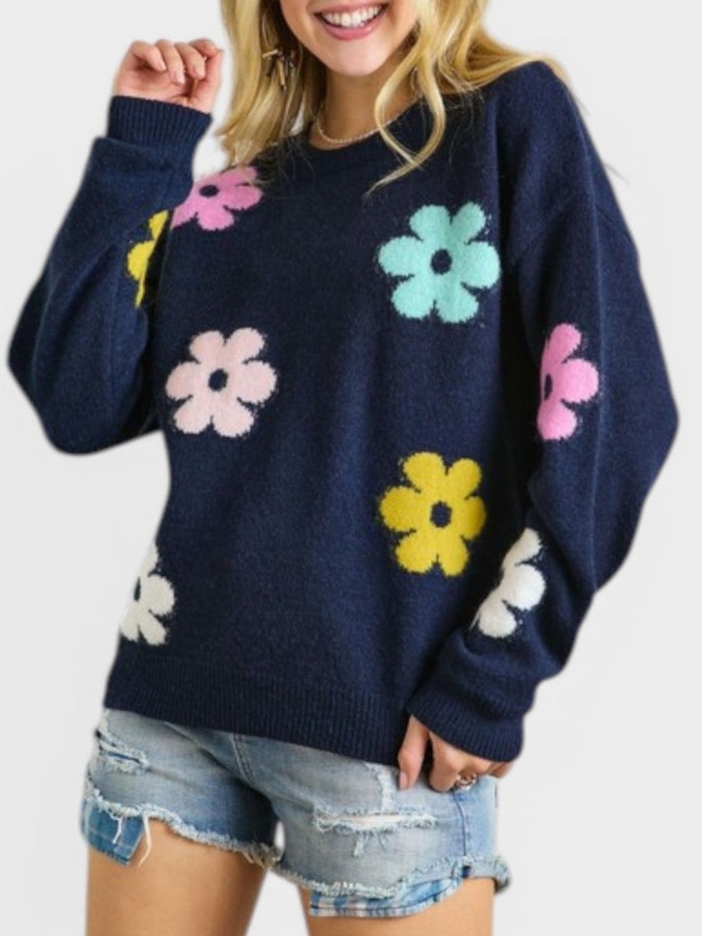 Adora navy Multicolor floral sweater jacquard knit relaxed fit Women's S